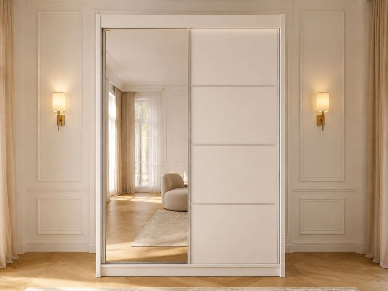 Schiebetürenschrank mit Spiegel 150 cm mit LED-Beleuchtung Portel Weiß