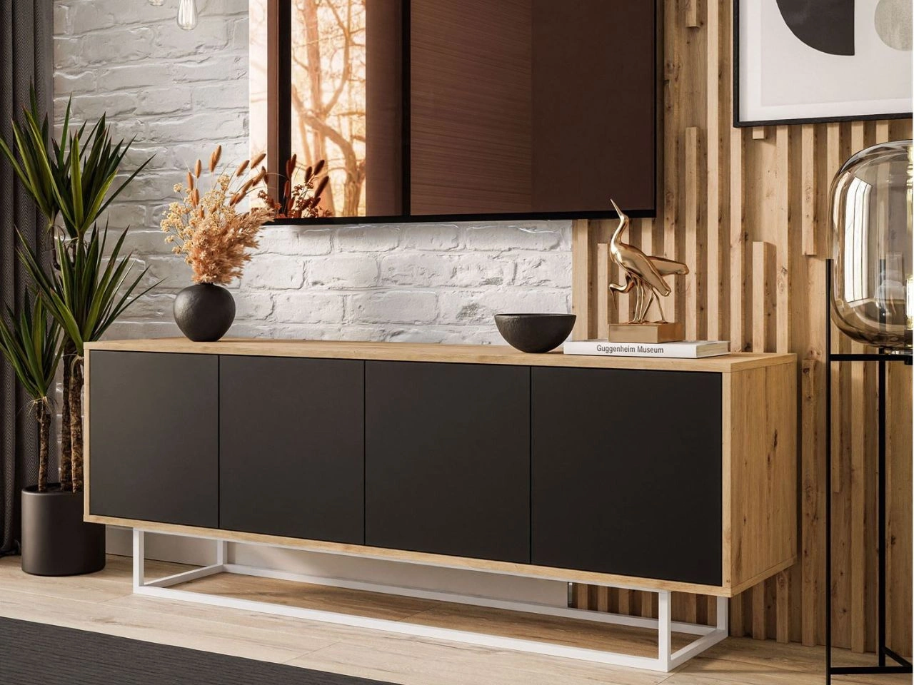 TV-Lowboard mit Türen auf weißem Gestell Vivance Schwarz und Artisan Eiche