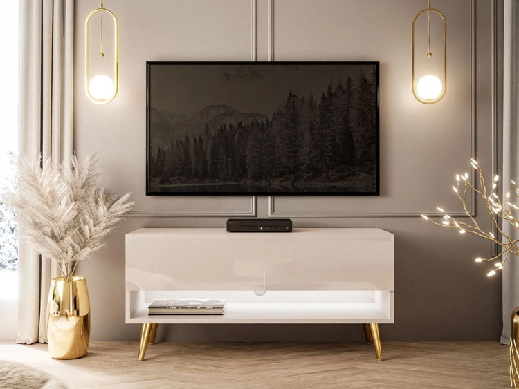 TV-Schrank 90 cm mit LED-Beleuchtung und goldenen Beinen Aurelie Kaschmir Hochglanz