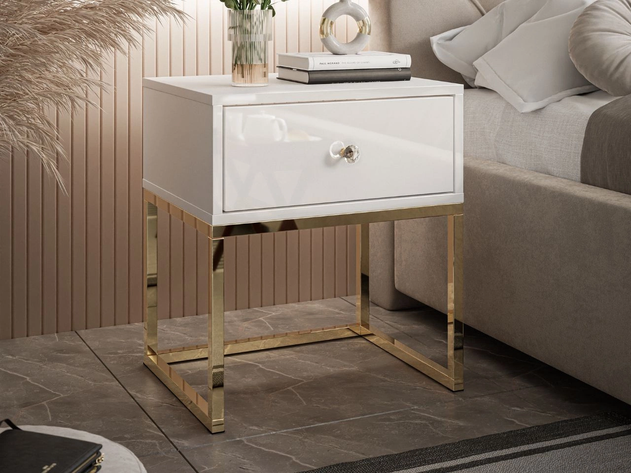 Nachttisch Glamour mit Schublade und goldenem Gestell Brisa Weiß Hochglanz