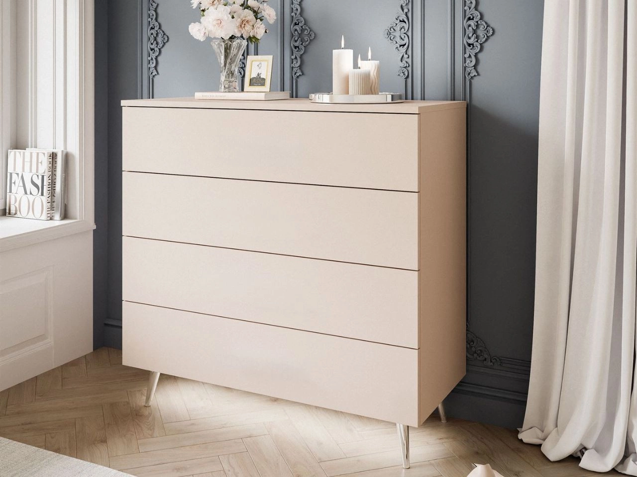 Kommode mit Schubladen und LED-Beleuchtung auf Silbernen Metallbeinen Nuveo Kaschmir