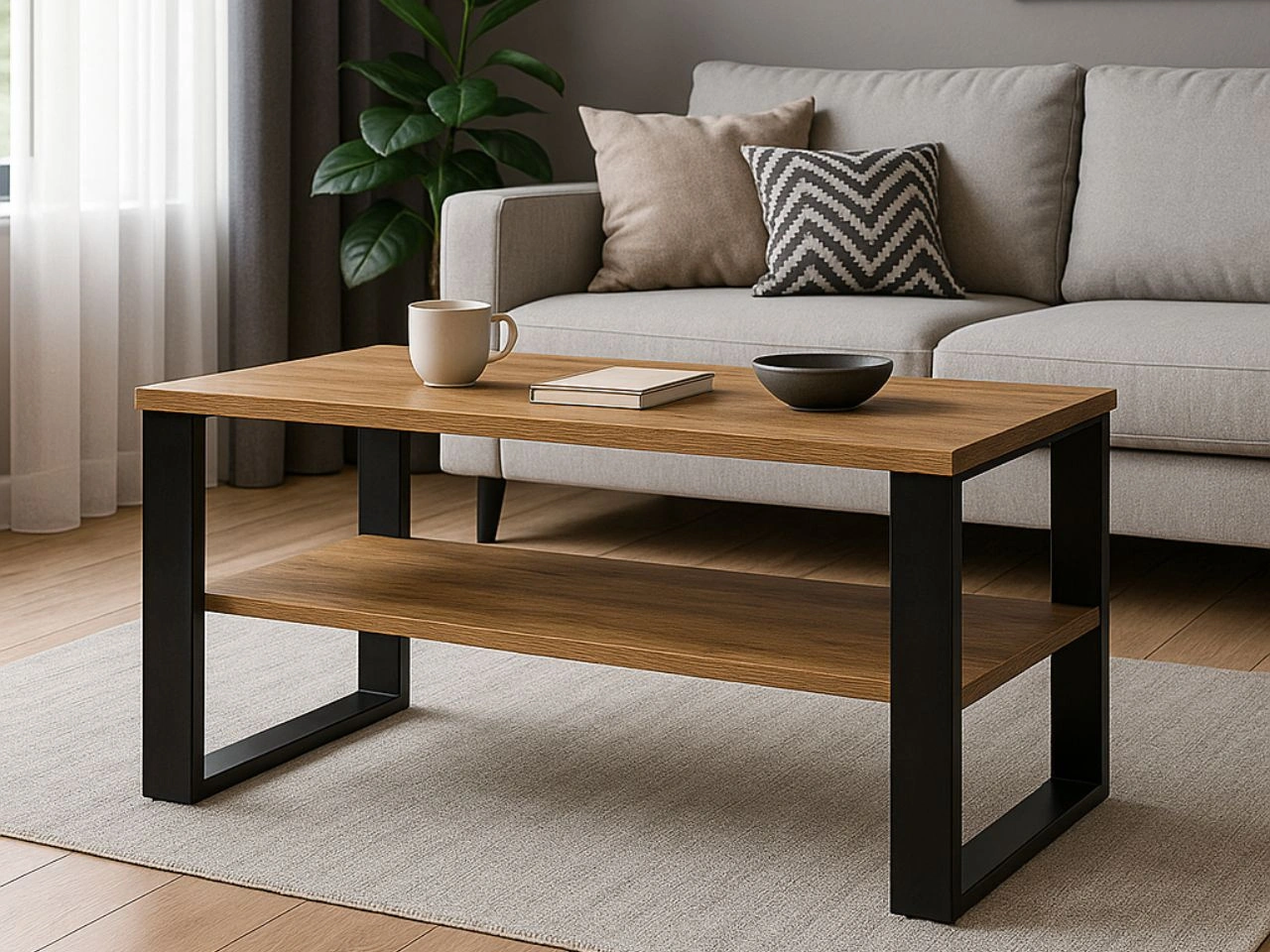 Couchtisch mit Ablage für das Wohnzimmer Lavore Wotan Eiche, Schwarz matt