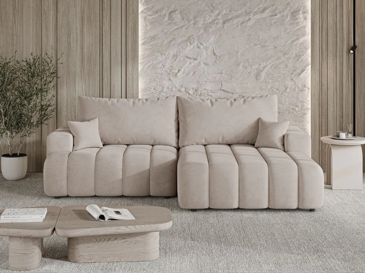 Ecksofa L-Form Rechts mit Schlaffunktion und Bettkasten Caleo Beige