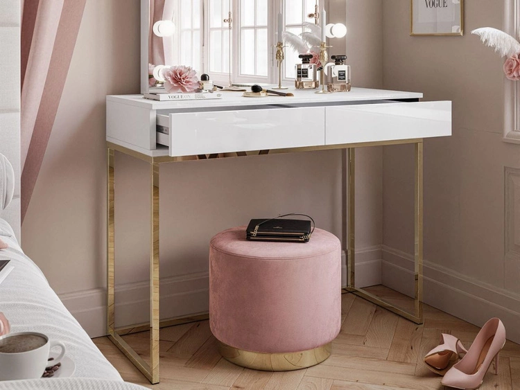 Schminktisch mit Schubladen, Spiegel und LED-Beleuchtung Brisa Weiß Hochglanz