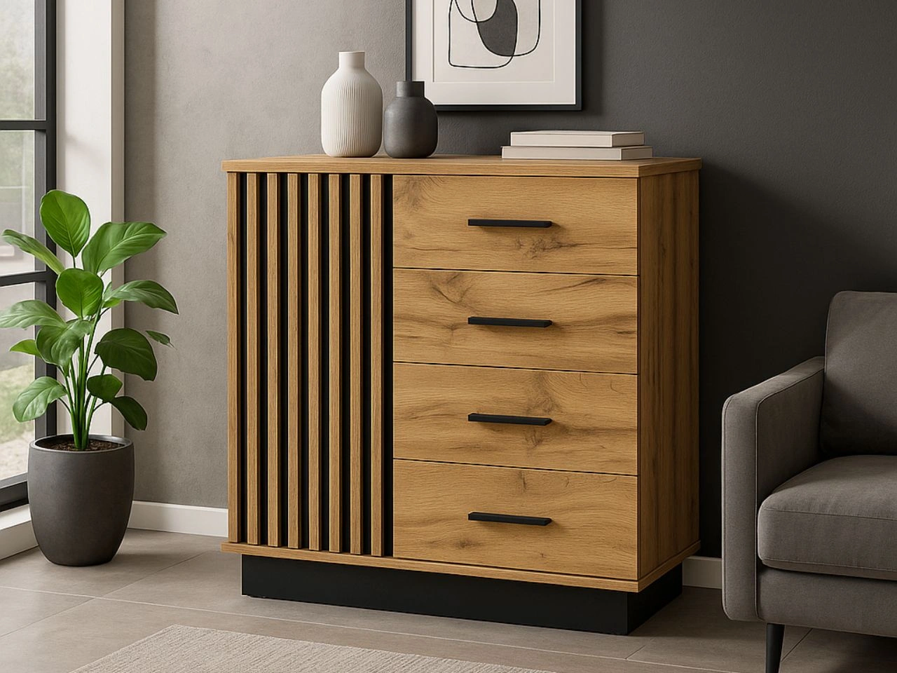 Kommode mit Türen und Schubladen Lavore Wotan Eiche, Schwarz matt