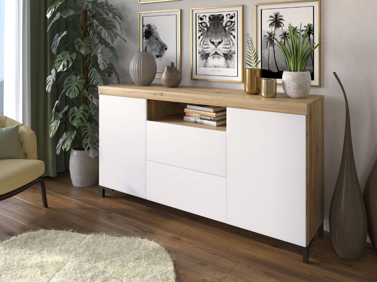 Zweittürige Kommode 164 cm im Loft-Stil Asumi Weiß matt und Eiche Wotan