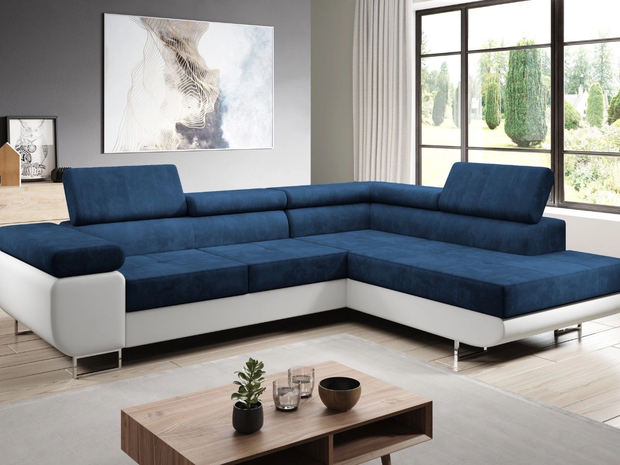 Ecksofa L-Form Rechts mit Schlaffunktion und Bettkasten Solam L Dunkelblau , Weiß