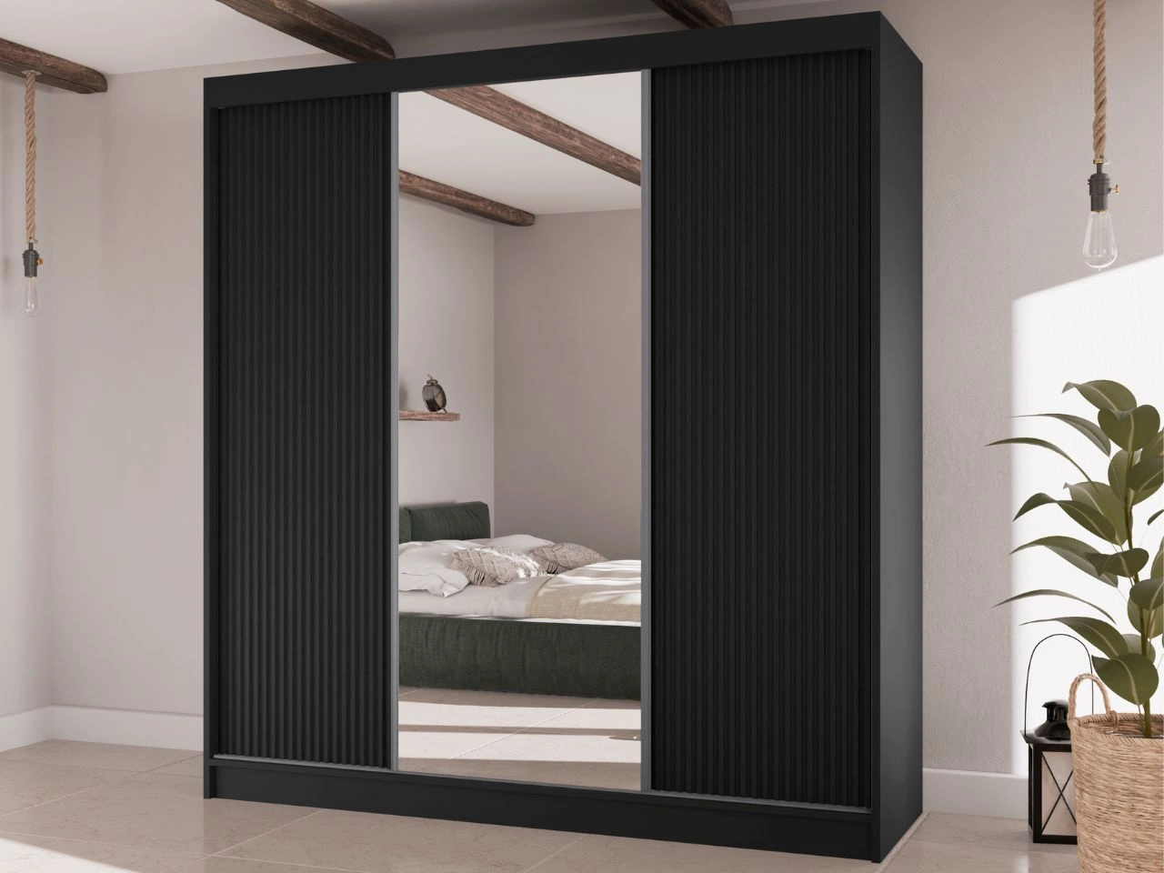 Schiebetürenschrank mit geriffelter Front und Spiegel 200 cm Rivas Schwarz