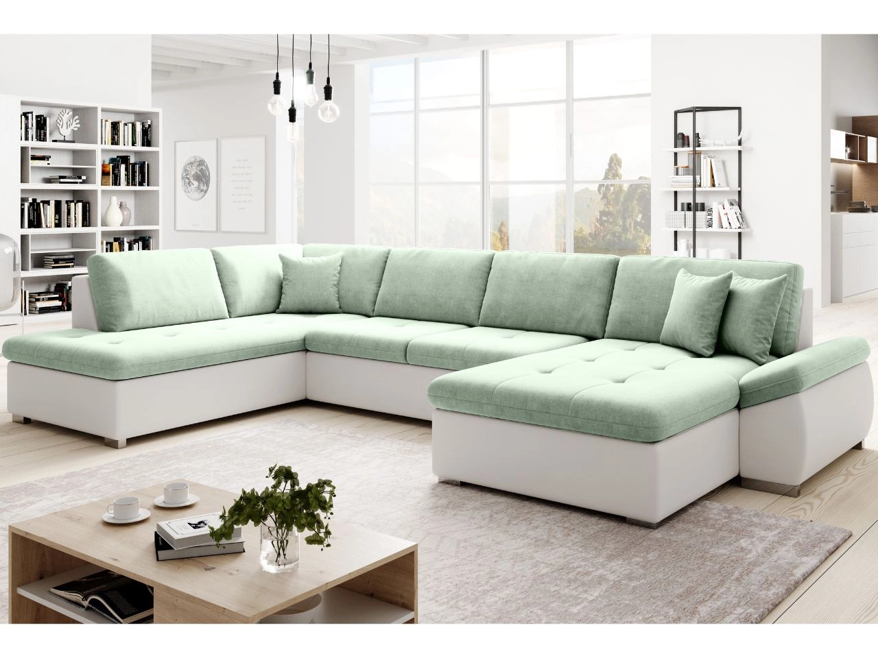 Wohnlandschaft mit Schlaffunktion Links Moni U Hellgrün, Weiß