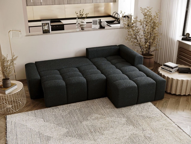 Ecksofa L-Form Rechts mit Schlaffunktion und Bettkasten Lana Schwarz