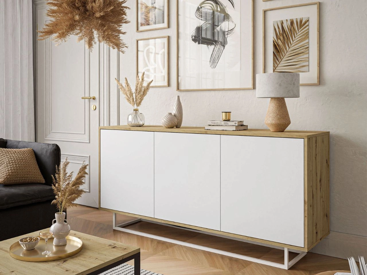 Dreitürige Kommode 154 cm im Loft-Stil auf weißem Gestell – Vivance, Weiß matt & Eiche Artisan