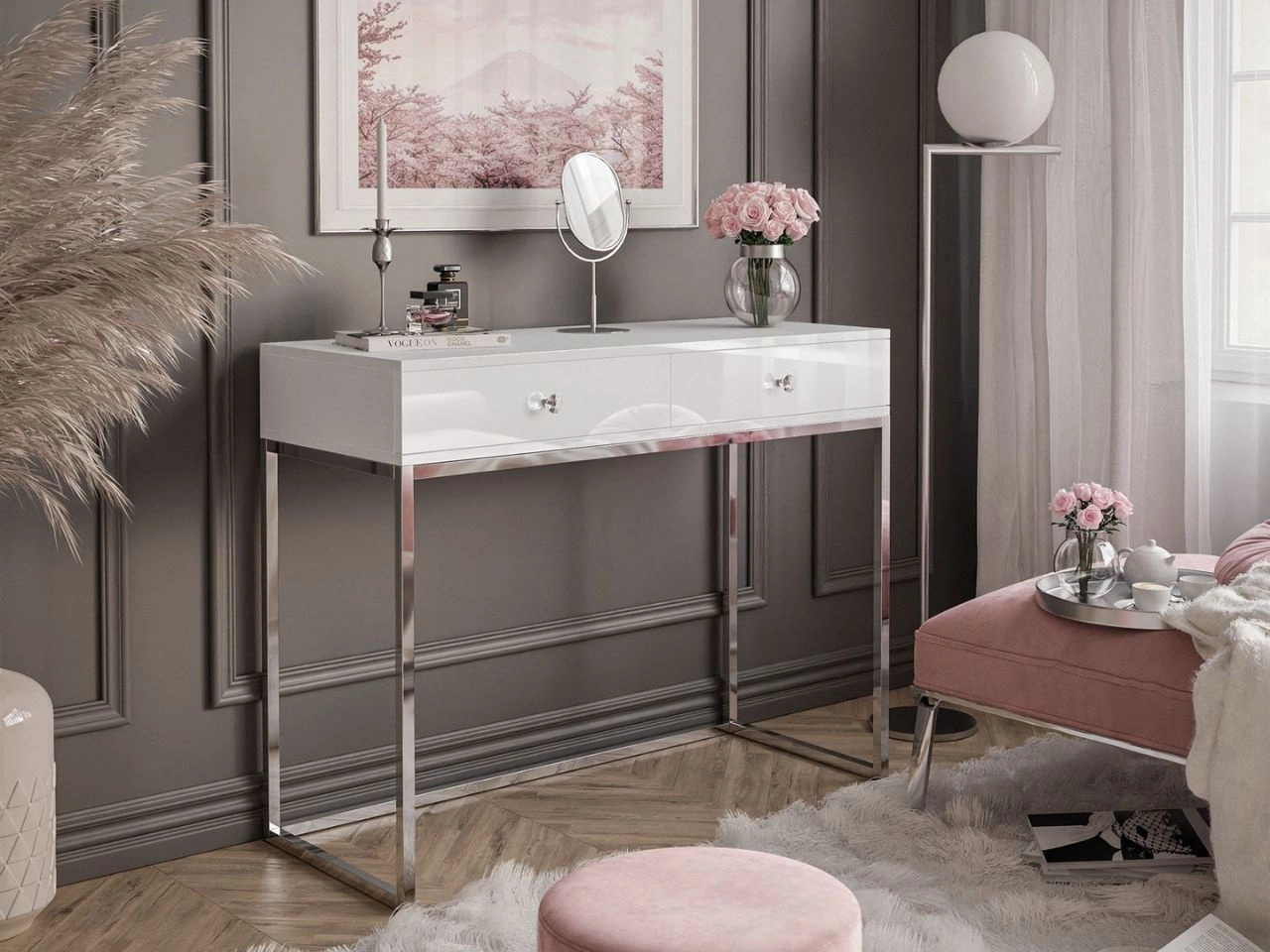 Konsolentisch mit Schubladen, silbernem Gestell und Kristallgriffen Brisa Weiß Hochglanz