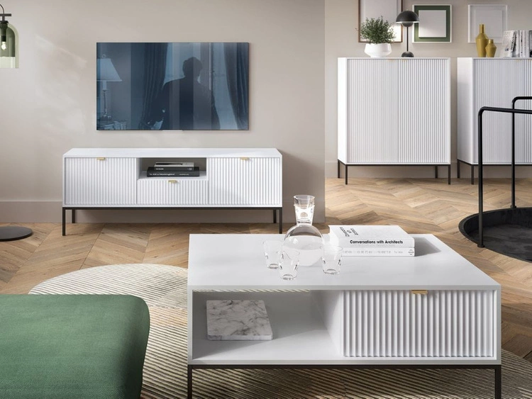 TV-Lowboard mit Schubladen und Türen Amber Weiß, Schwarz Frame