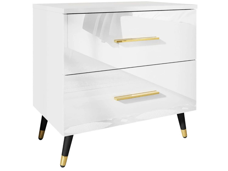 Nachttisch mit Schubladen auf Schwarz-Goldenen Metallbeinen Nuveo Weiß Hochglanz