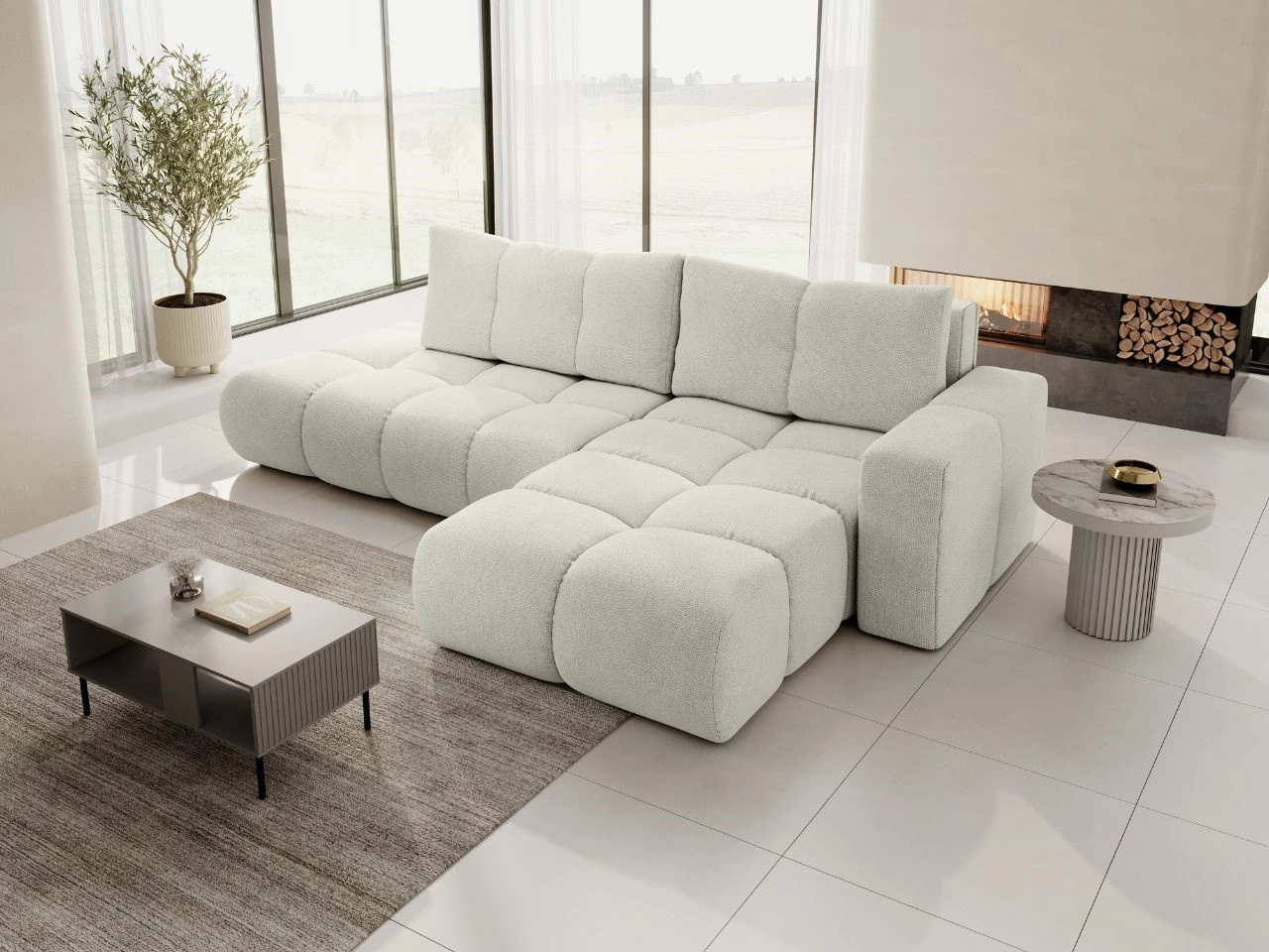 Ecksofa L-Form Rechts mit Schlaffunktion und Bettkasten Sile L Beige