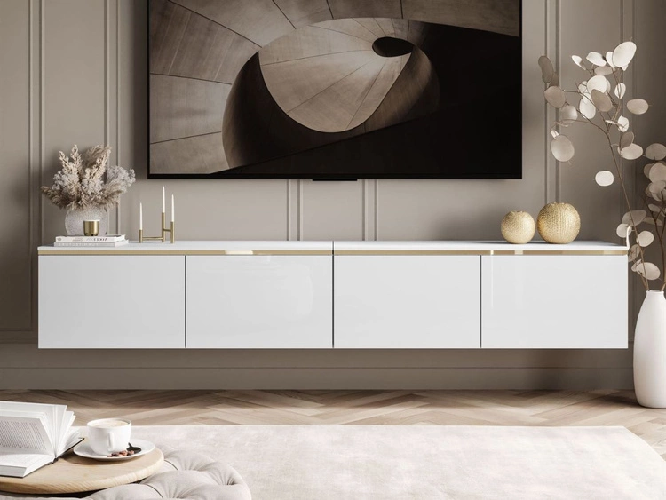 TV-Schrank zum Hängen im Glamour-Stil mit LED-Beleuchtung Celle Weiß Hochglanz