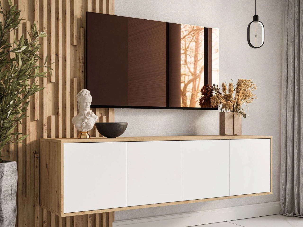 Hängendes TV-Lowboard mit Türen Vivance Weiß und Eiche Artisan