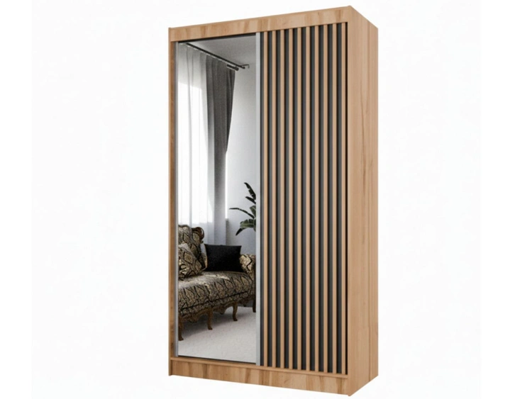 Schiebetürenschrank mit Spiegel und Lamellen 120 cm Loreto Handwerk Goldene Eiche, Schwarz