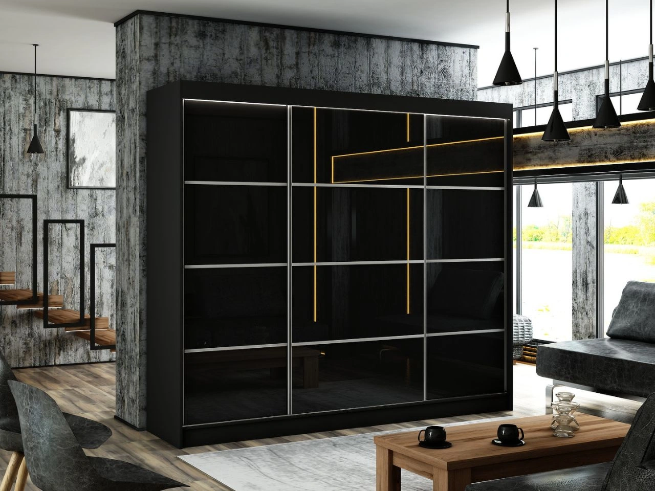Schiebetürenschrank mit Sprossen 250 cm mit LED-Beleuchtung Ponti Schwarz