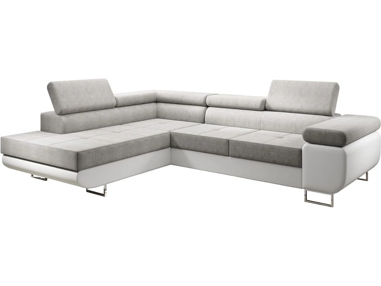 Ecksofa L-Form Links mit Schlaffunktion und Bettkasten Solam L Hellgrau, Weiß