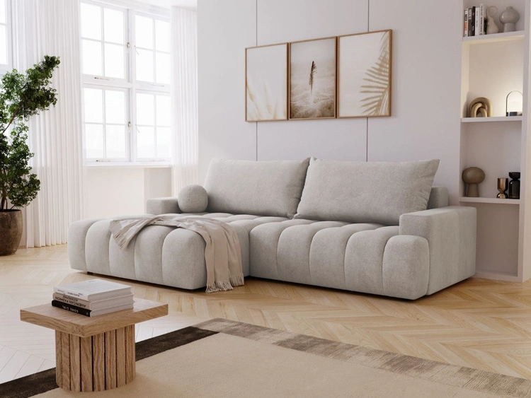 Ecksofa L-Form mit Schlaffunktion und Bettkasten Havi Links Hellgrau