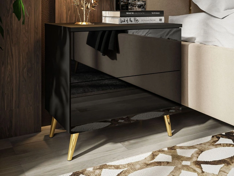 Nachttisch mit Schubladen auf Goldenen Metallbeinen Nuveo Schwarz Hochglanz 
