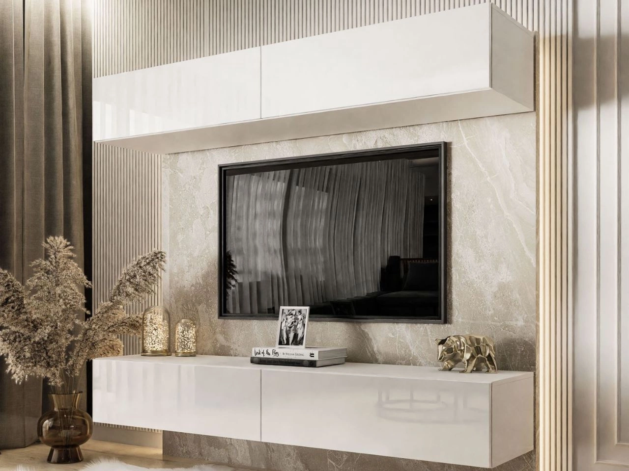 Hängende Wohnwand mit LED-Beleuchtung für das Wohnzimmer Sorelle Weiß Hochglanz