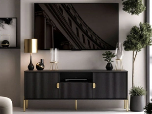 TV-Lowboard zweitürig mit Schublade und goldenen Metallfüßen Orlean Schwarz Matt