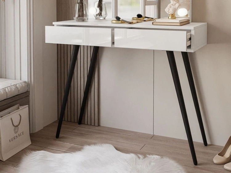 Schminktisch im Glamour-Stil mit schwarzen Beinen, Spiegel und LED-Beleuchtung Olivine Elite Weiß Hochglanz