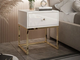 Nachttisch Glamour mit Schublade und goldenem Gestell Brisa Weiß Hochglanz