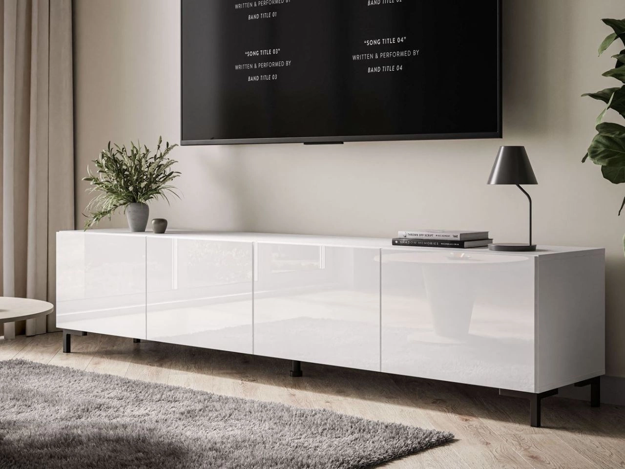 TV-Lowboard mit Türen auf Schwarzen Beinen 200 cm Nodoo Weiß Hochglanz