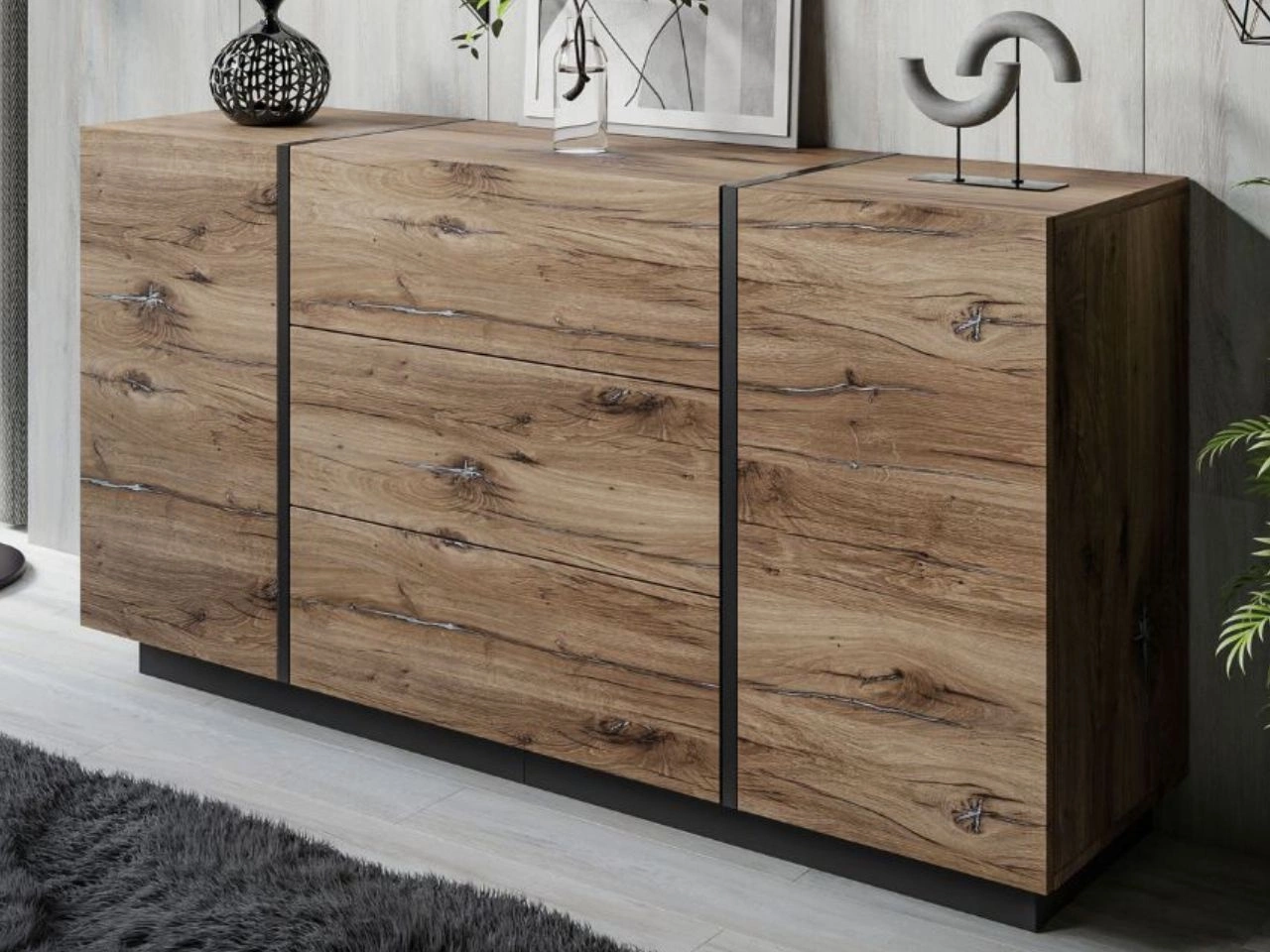 Zweitürige Kommode 158 cm mit drei Schubladen Lunelie Flagstaff-Eiche