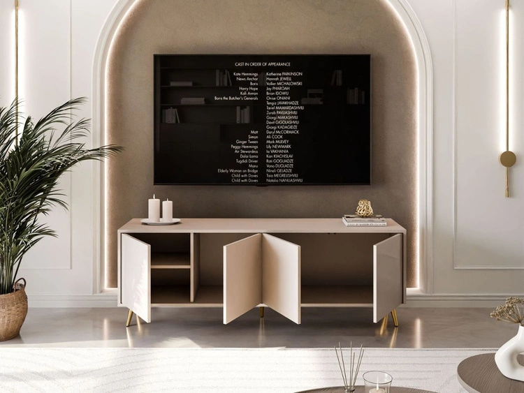 TV-Lowboard mit Türen auf goldenen Füßen Vivance, Kaschmir Hochglanz