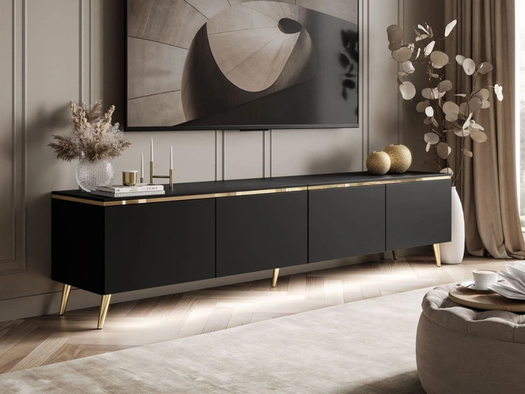 TV-Lowboard viertürig im Glamour-Stil mit LED-Beleuchtung Celle, schwarz matt