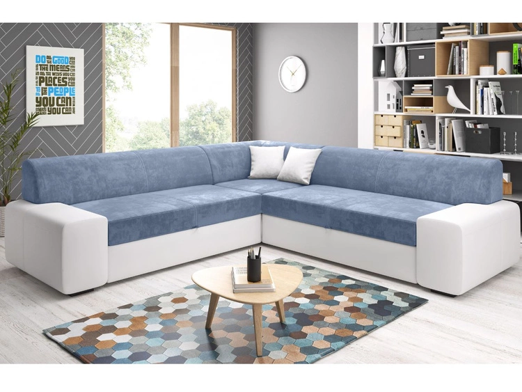 Ecksofa L-Form Rechts mit Schlaffunktion und Bettkasten Fresto Maxi Blau, Weiß