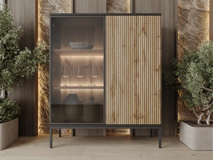 Vitrinenschrank mit Led Deo 126 cm Schwarz, EIche Wotan