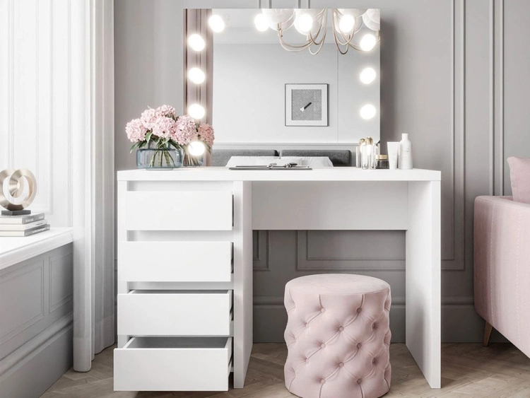 Schminktisch mit Spiegel, Schubladen und LED Nesso Weiß Matt