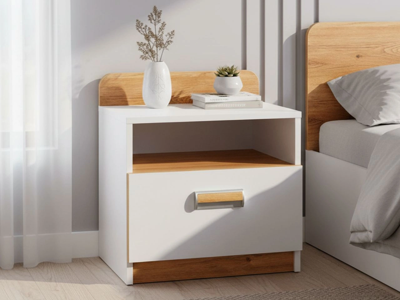 Nachttisch mit Schublade für ein Teenagerzimmer Lindo Weiß, Nash Eiche