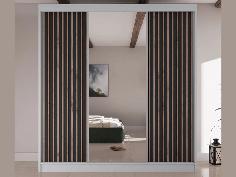 Schiebetürenschrank mit Lamellen und Spiegel 200 cm Lucena Weiß, Schwarz