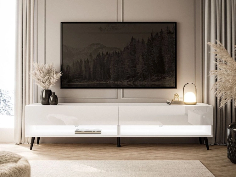 TV-Schrank für das Wohnzimmer 180 cm mit schwarzen Beinen und LED-Beleuchtung Aurelie Weiß Hochglanz