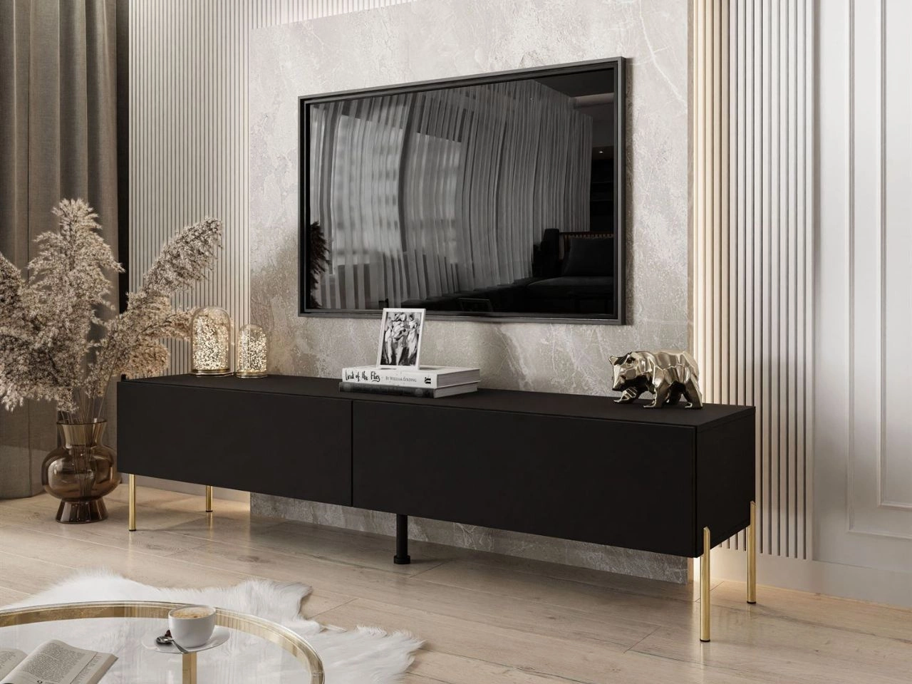 TV-Lowboard mit zwei Türen auf golden Beinen 175 cm mit LED-Beleuchtung Sorelle Schwarz Matt