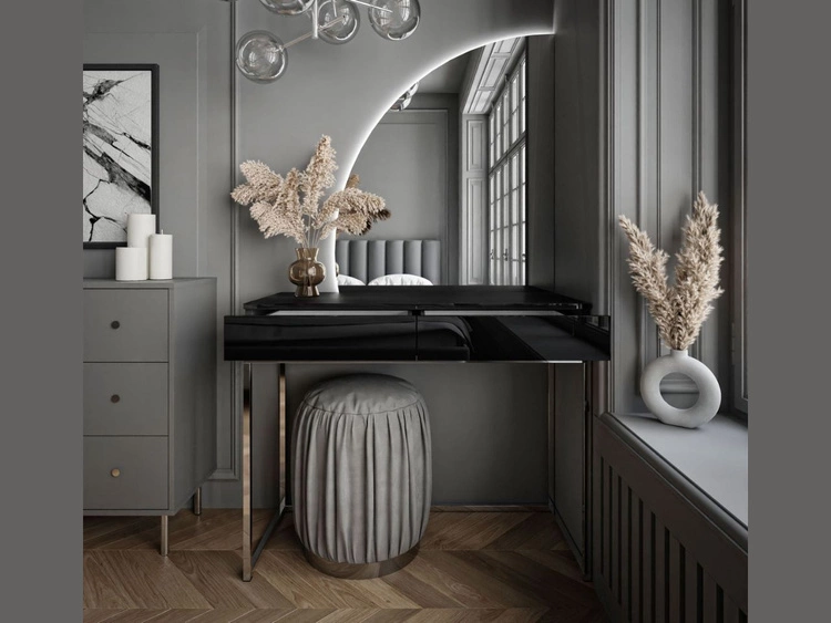 Kosmetiktisch linksseitig mit Schubladen und LED-Beleuchtung auf silbernen Beinen Clarette Schwarz Hochglanz