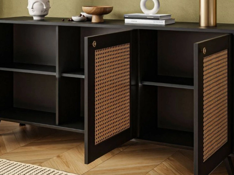 Drehtürkommode mit Flechtmuster im Boho-Stil Bellance schwarz