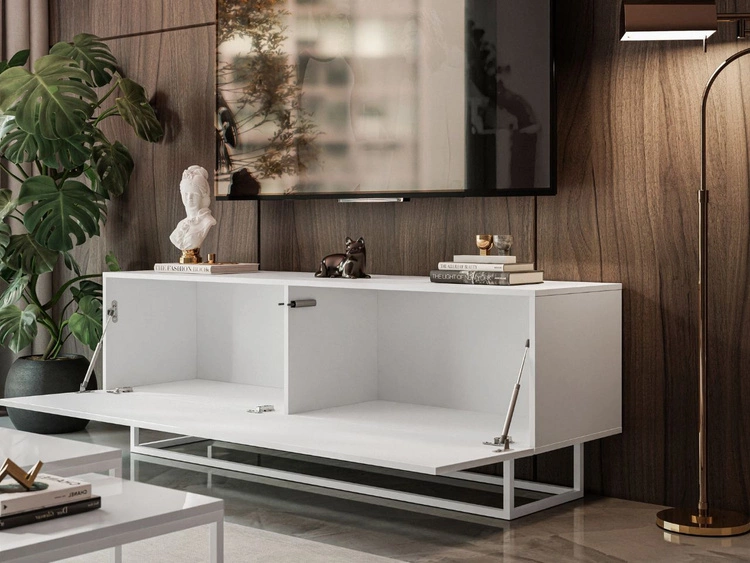 TV-Lowboard mit Türen auf Weißen Metallgestell 150 cm Nodoo Weiß Hochglanz