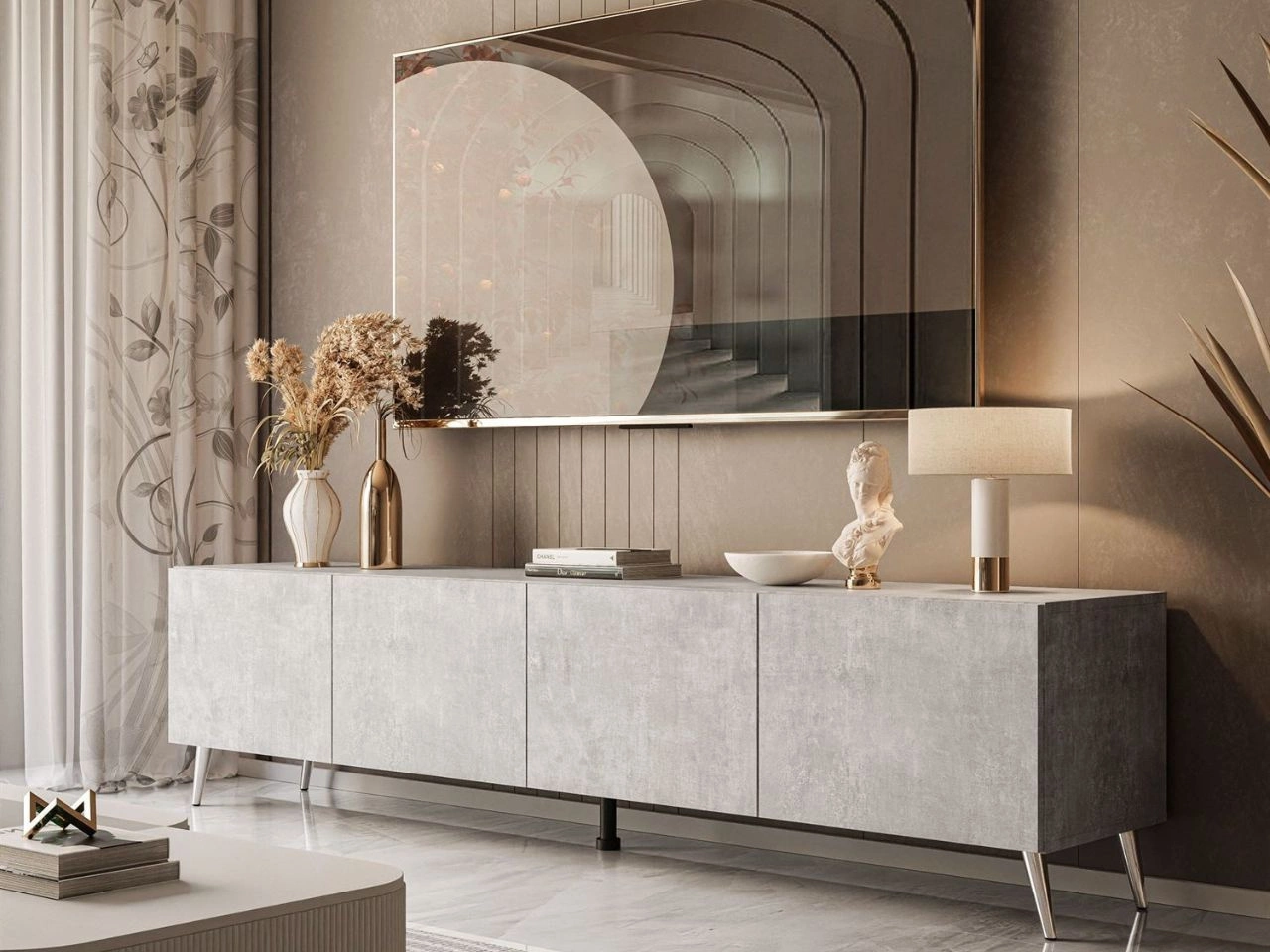 TV-Lowboard mit Türen auf Silbernen Metallbeinen 200 cm Nodoo Beton