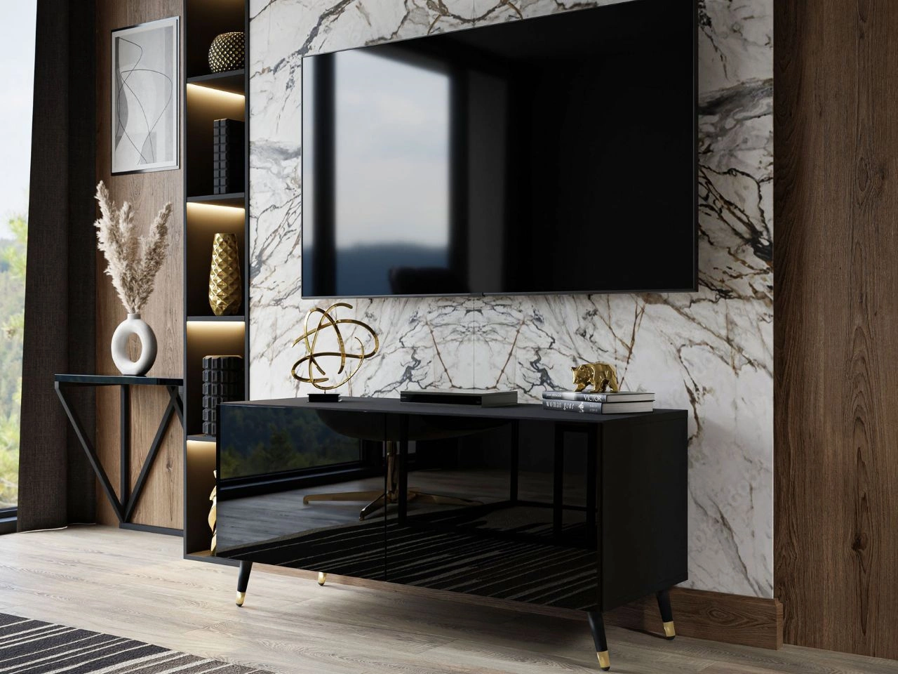 TV-Lowboard mit Türen auf Schwarz-Goldenen Metallbeinen 100 cm Noaé Schwarz Hochglanz