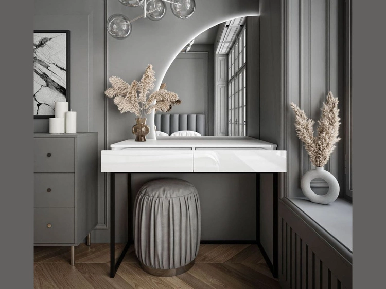 Kosmetiktisch linksseitig mit Schubladen und LED-Beleuchtung auf schwarzen Beinen Clarette Weiß Hochglanz
