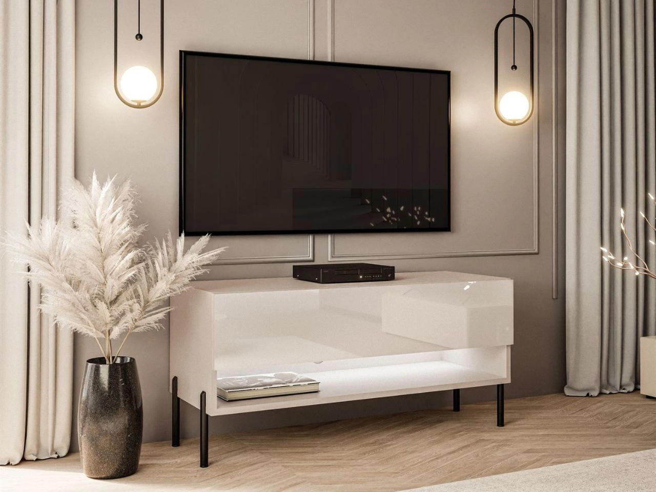 TV-Schrank 90 cm mit LED-Beleuchtung und schwarzen Metallbeinen Aurelie Kaschmir Hochglanz