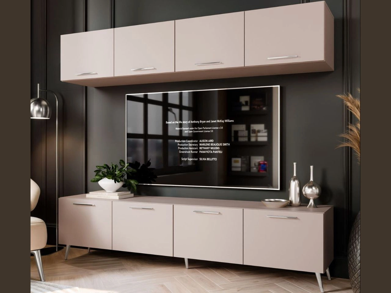 Wohnwand für das Wohnzimmer mit LED-Beleuchtung auf Silbernen Metallbeinen Noaé Kaschmir