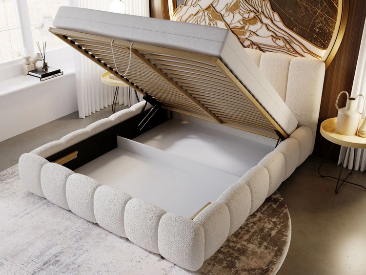 Polsterbett mit Bettkasten und Lattenrost 140x200 Cloud Bouclé-Stoff Beige